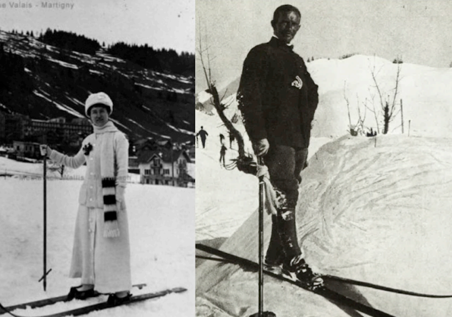 женский и мужской лыжные костюмы, 1900-1910 года