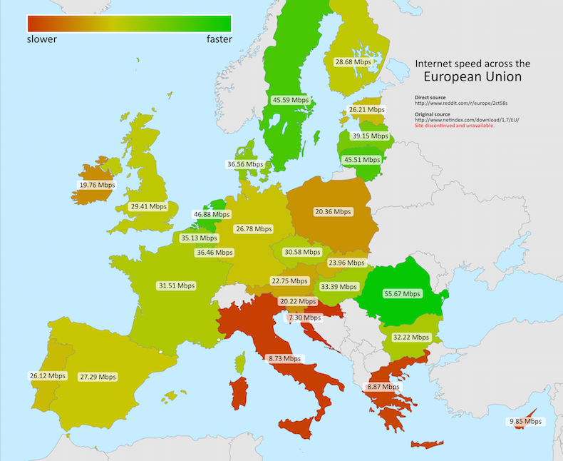 карта средней скорости интернета в Европе