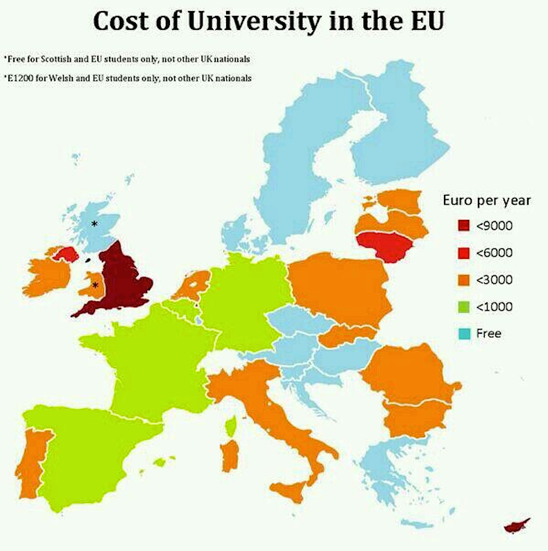 Карта стоимости обучения в университетах в Европе