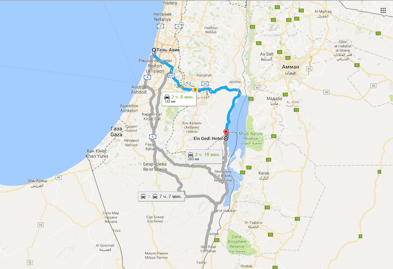 Схема проезда до кибуца Ein Gedi из Тель-Авива